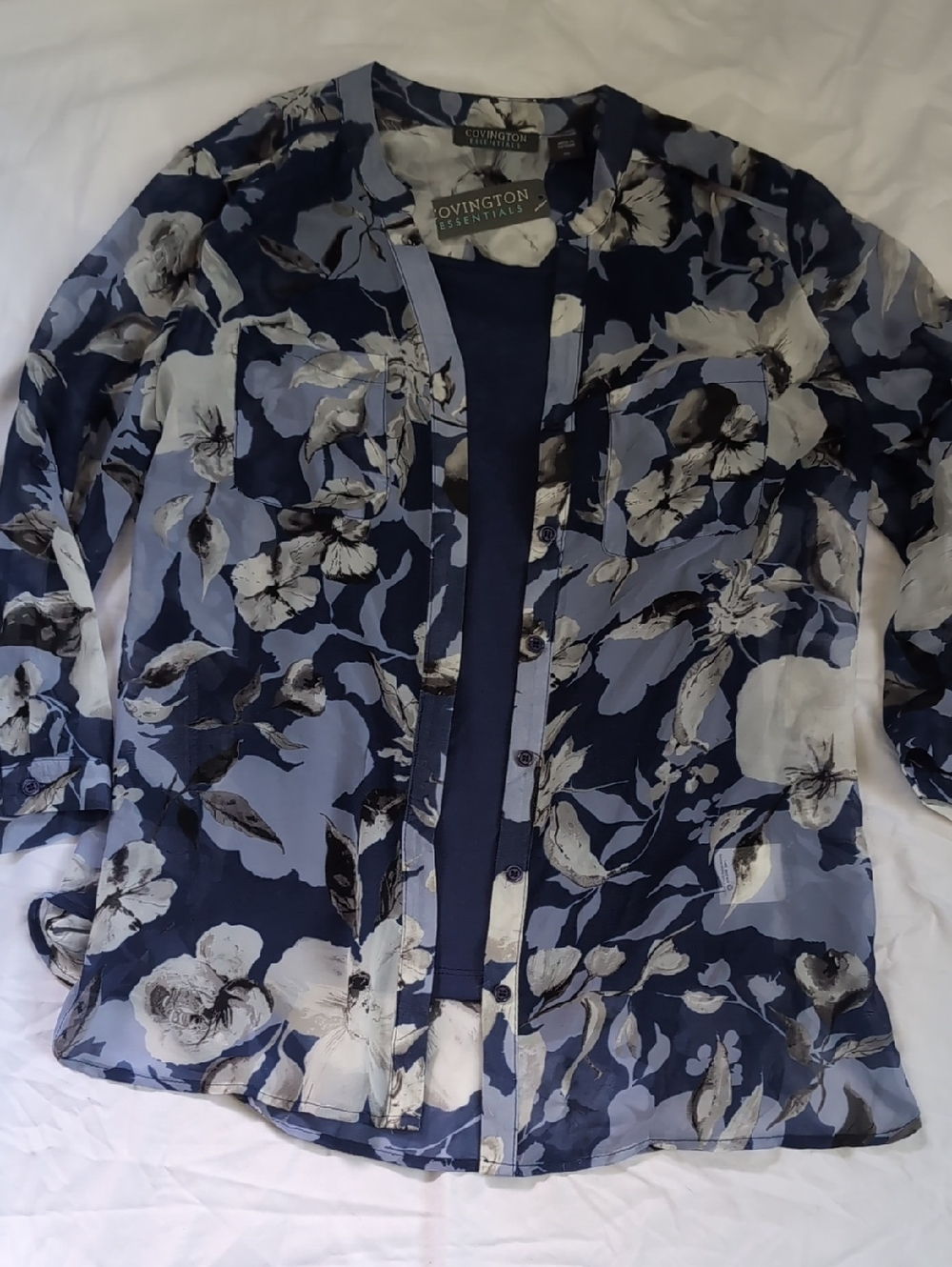 Covington Navy Floral Sheer Button-Front Blouse With Navy Tank